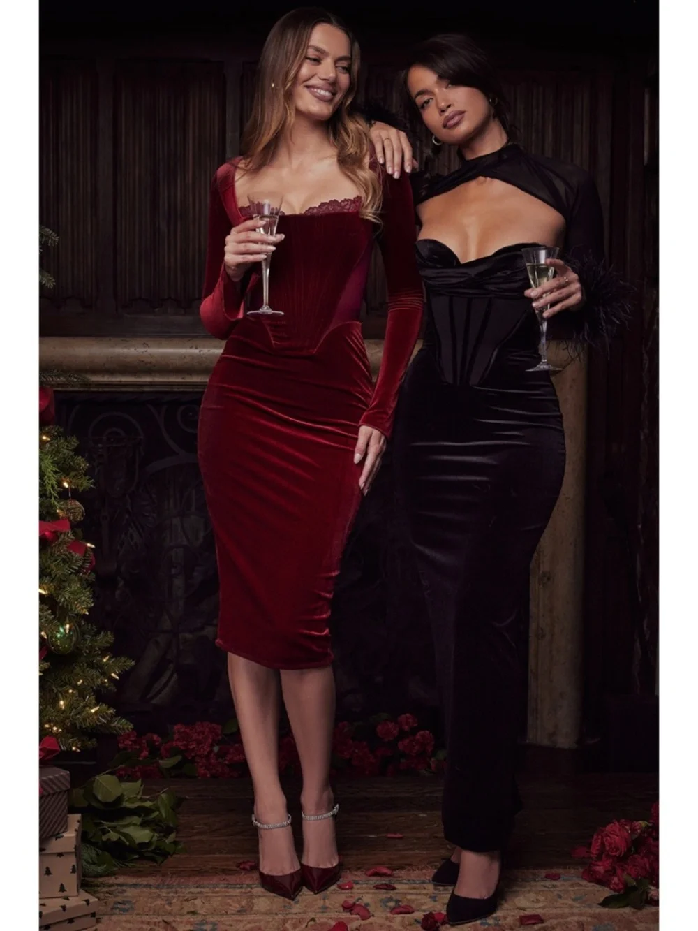 NEW House of CB Solaine Velvet Dress Wine Large